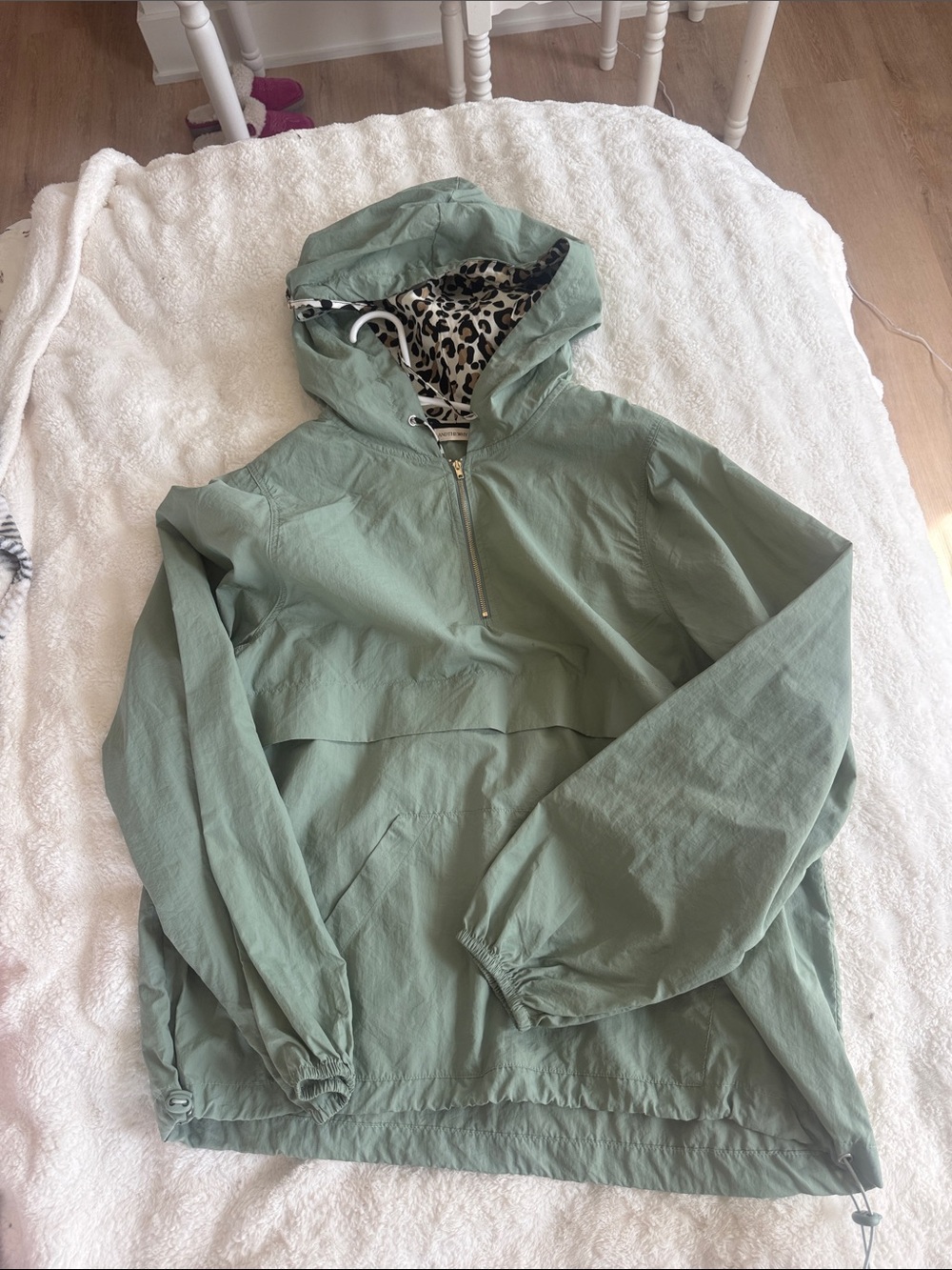 Women's Sage Green Hooded Anorak with Leopard-Print Lining